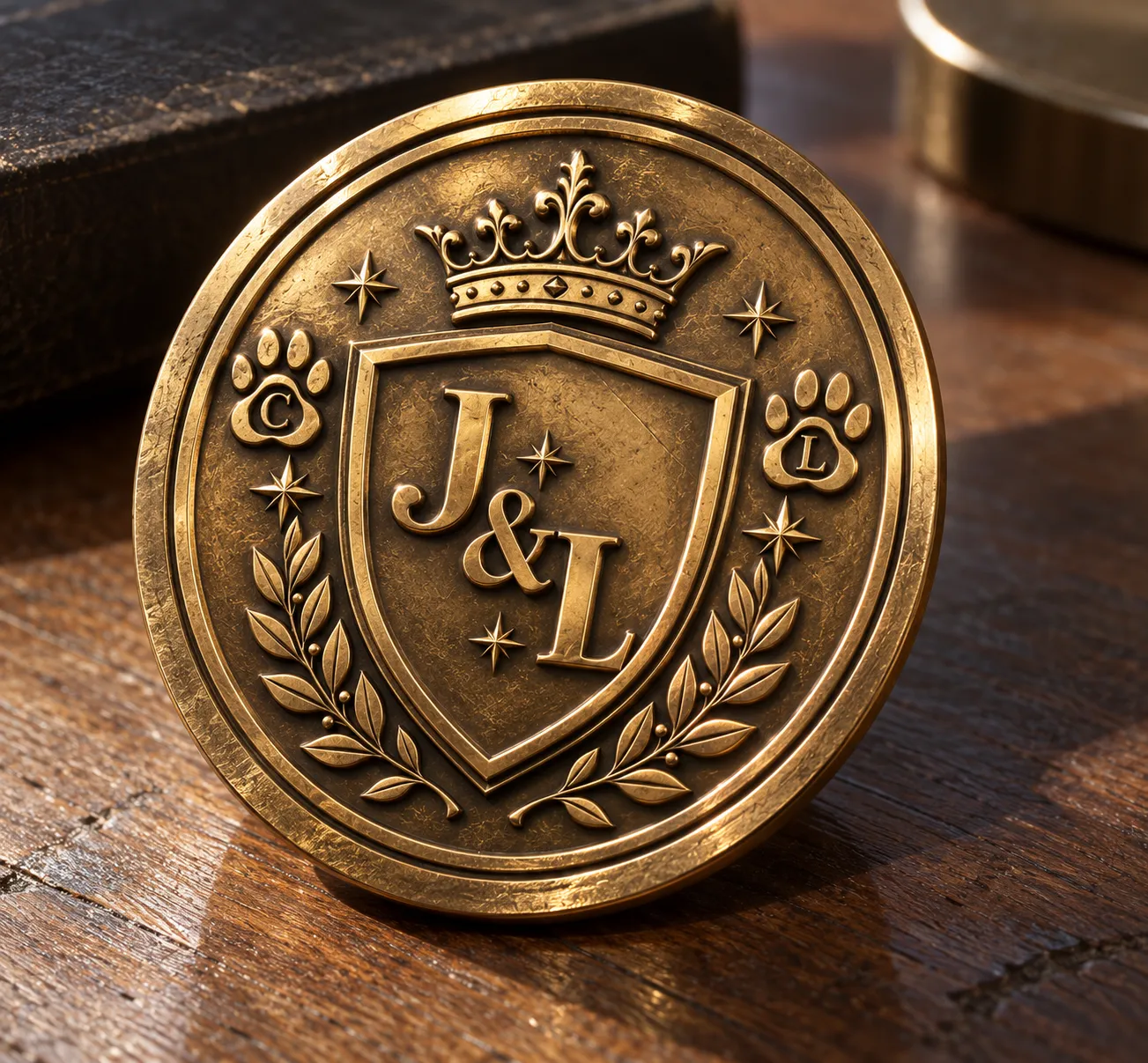 Medalla de bronce con un escudo coronado, las iniciales J y L y dos huellas de perro, apoyada sobre una mesa de madera